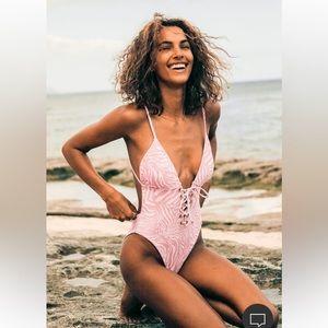 Zora blush zebra print lace up backless swimsuit (NWOT) size L